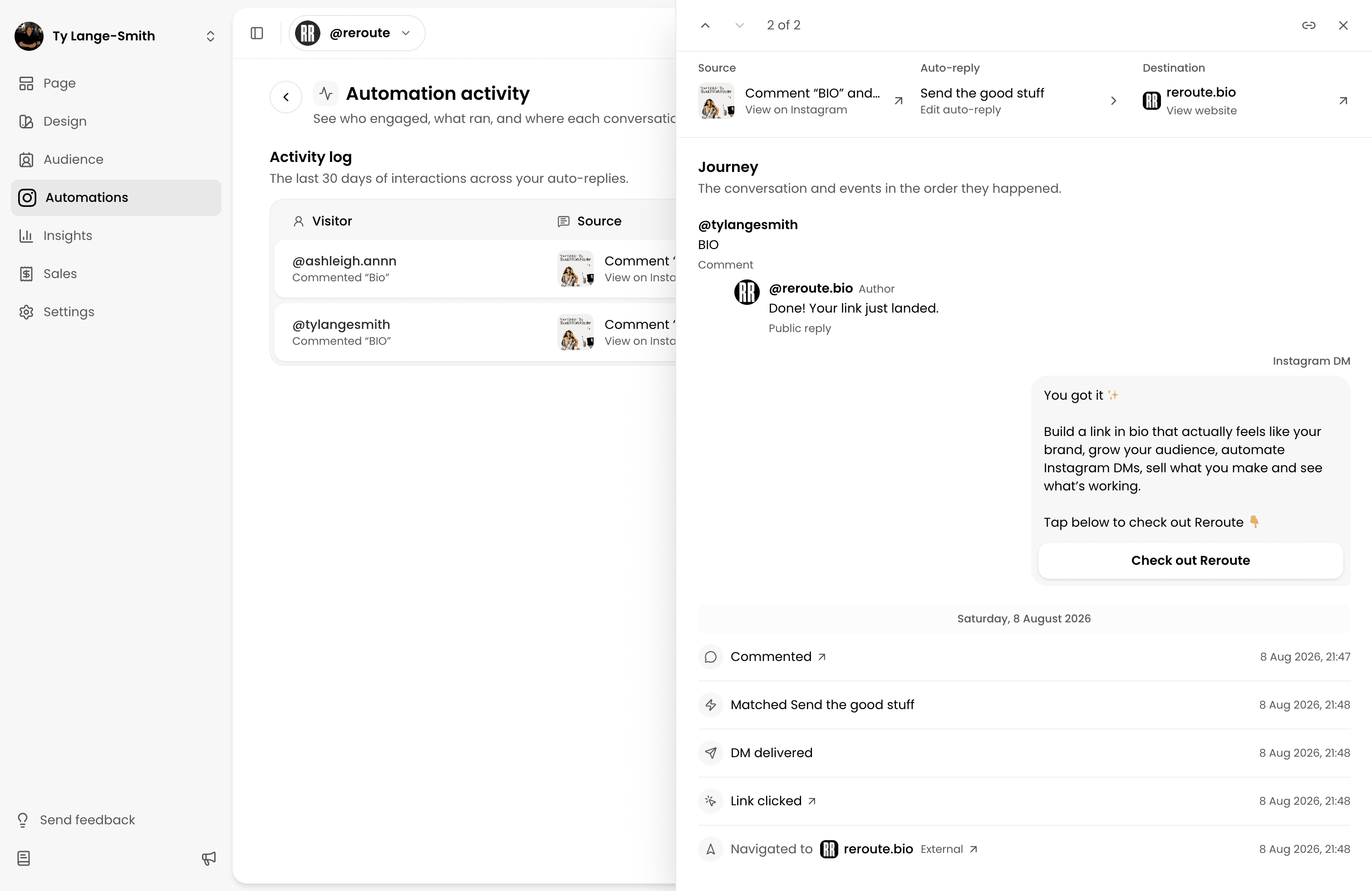 A reroute Automation activity detail showing the comment, public reply, Instagram DM, delivery event and link click