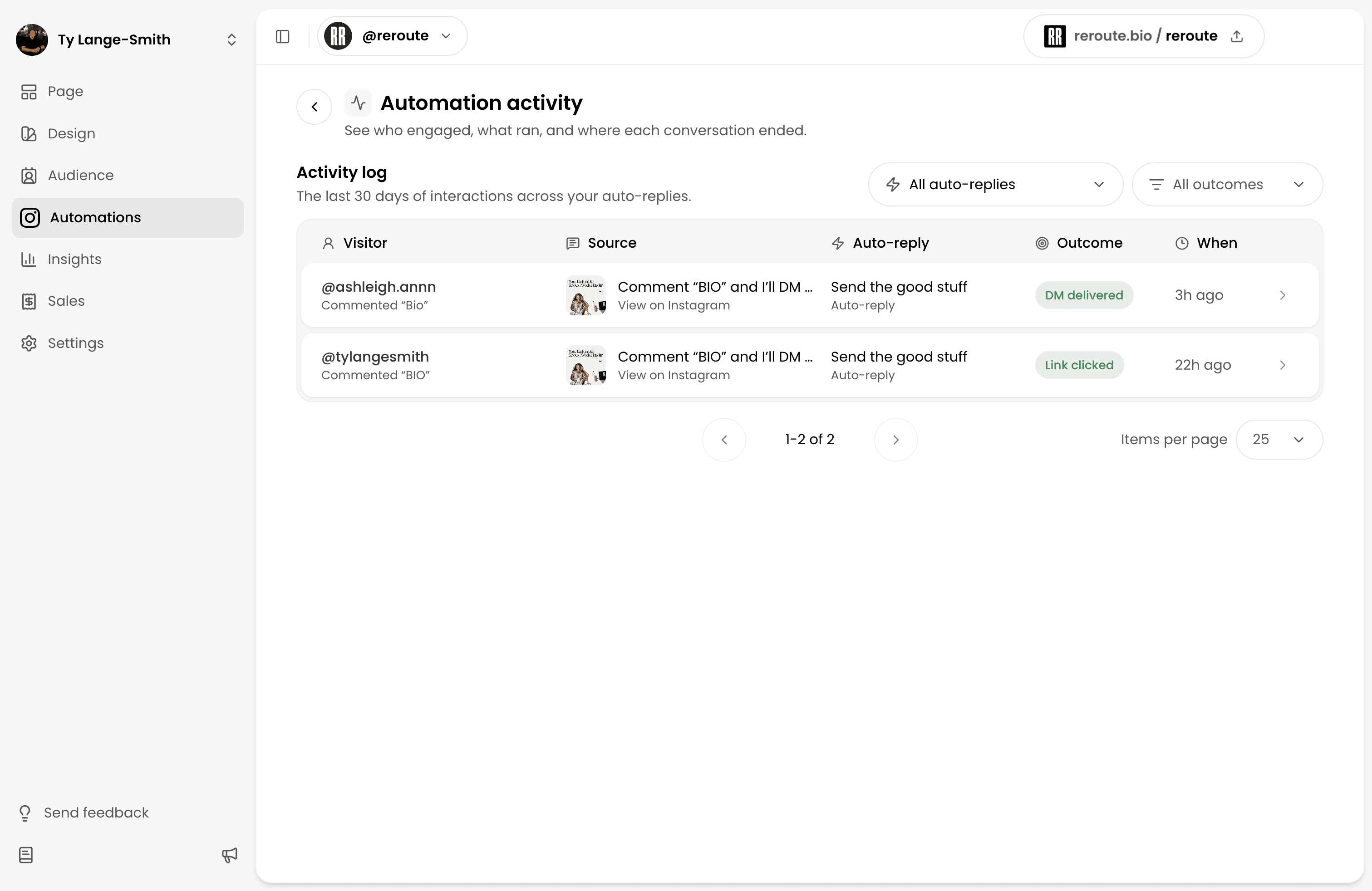 The reroute Automation activity log showing a delivered Instagram DM and a clicked link
