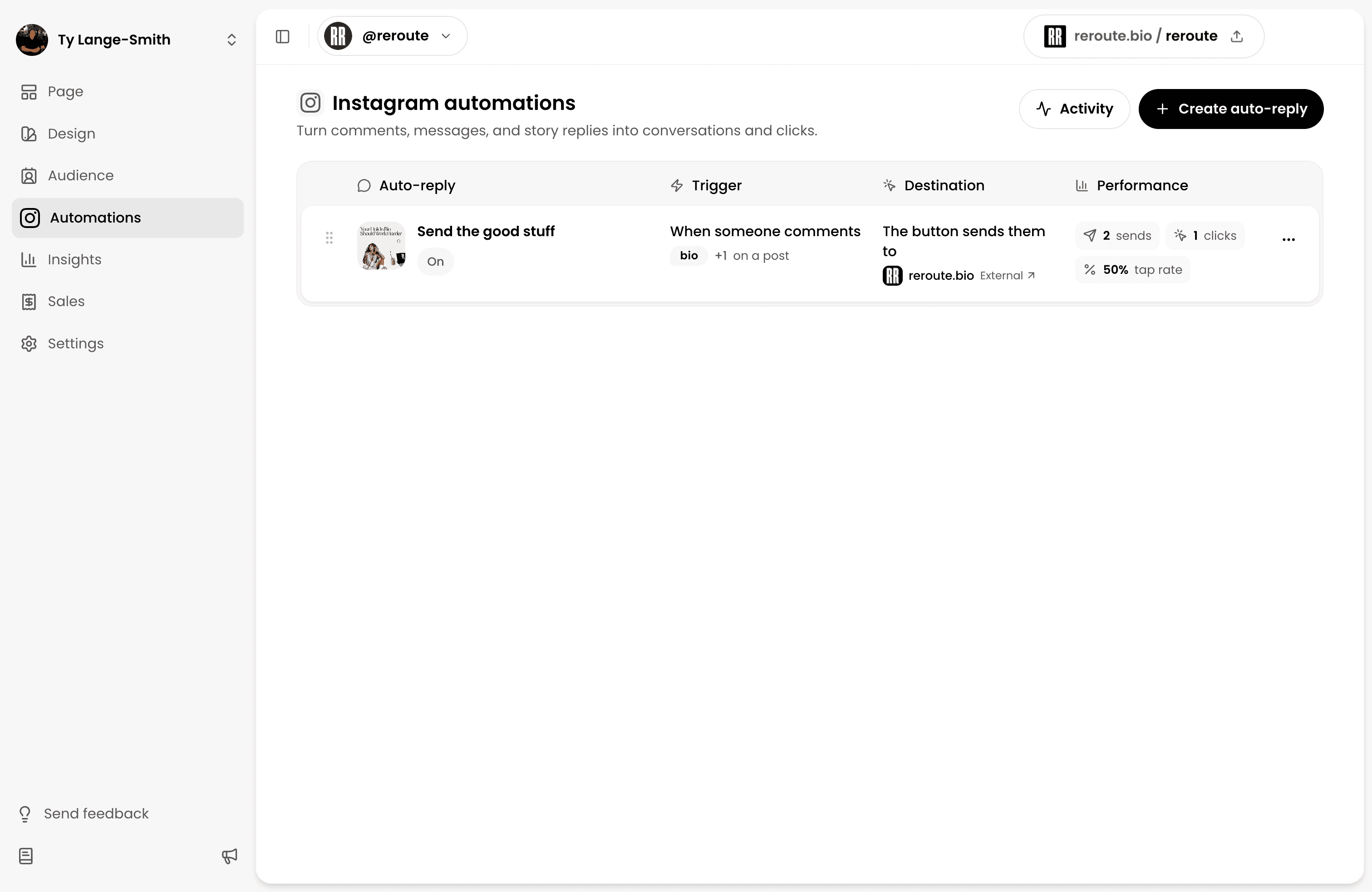 The reroute Automations overview showing an active Instagram auto-reply, its comment trigger, destination, sends and clicks
