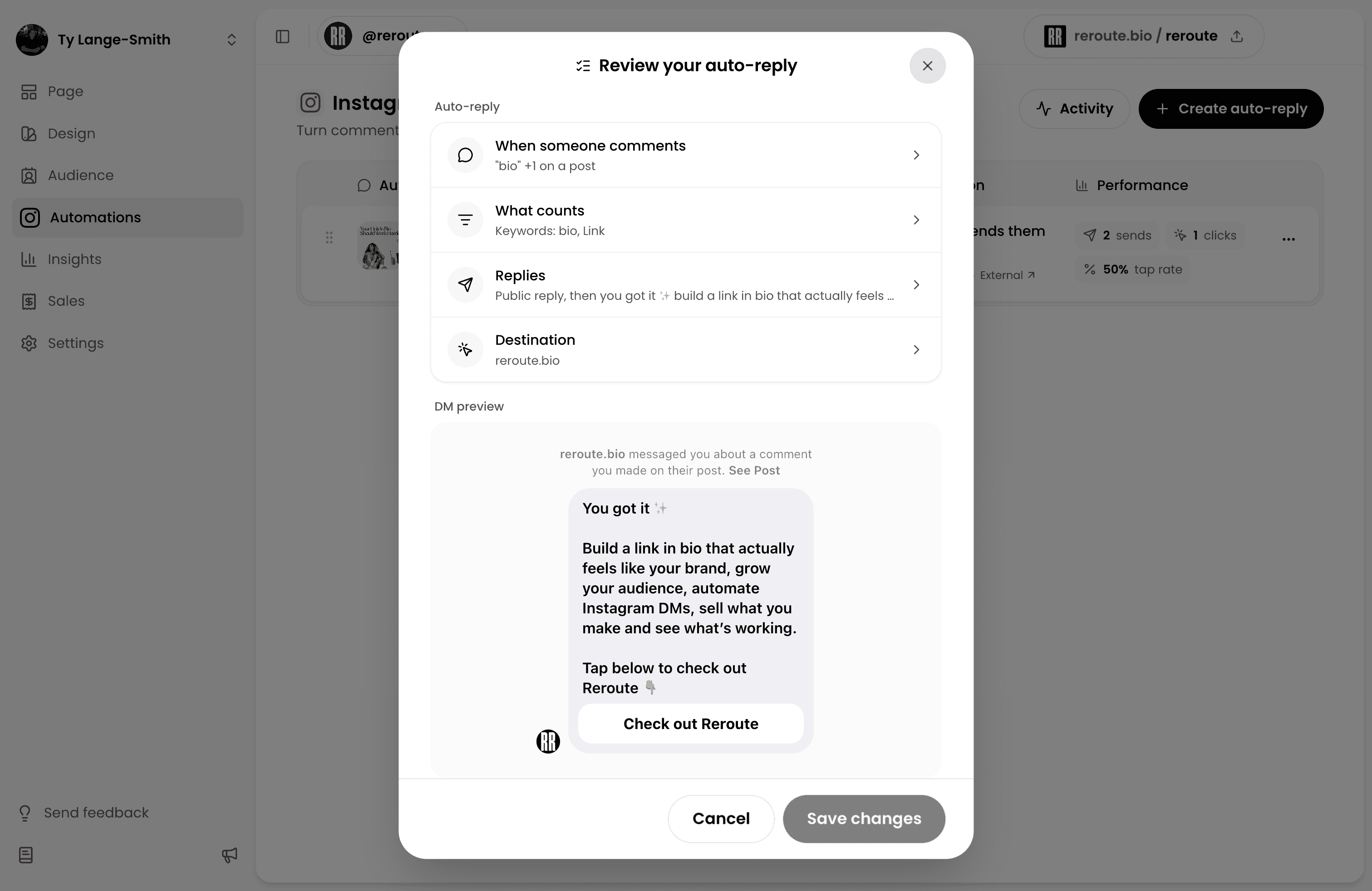 The reroute auto-reply review screen showing the comment trigger, keywords, replies, destination and Instagram DM preview
