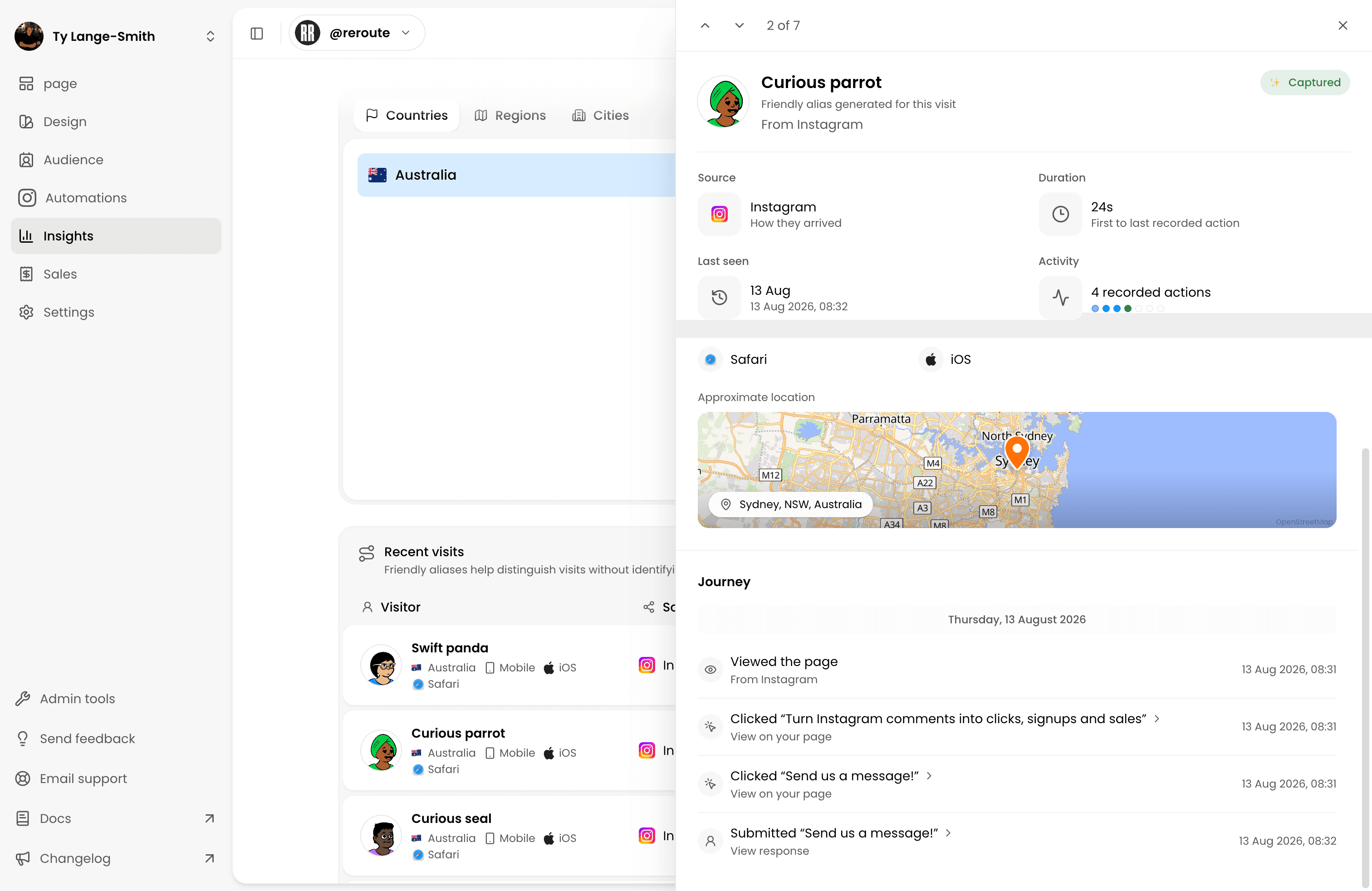 Reroute Insights showing the Curious parrot anonymous visitor arriving from Instagram, clicking two Blocks, and submitting the Send us a message Form