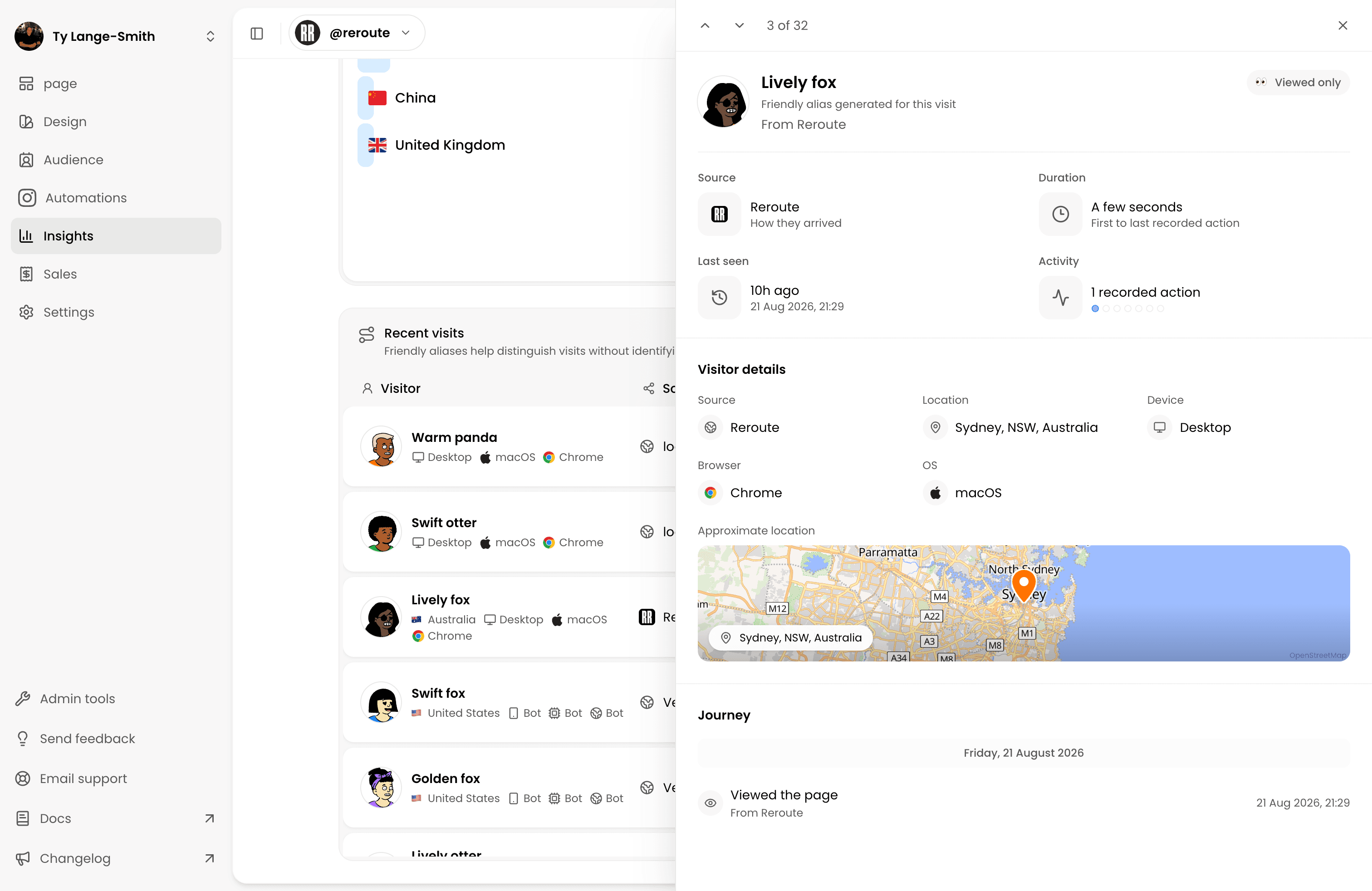 Reroute Insights showing the Lively fox anonymous visitor alias, its source, approximate Sydney location, device details, and recorded page view