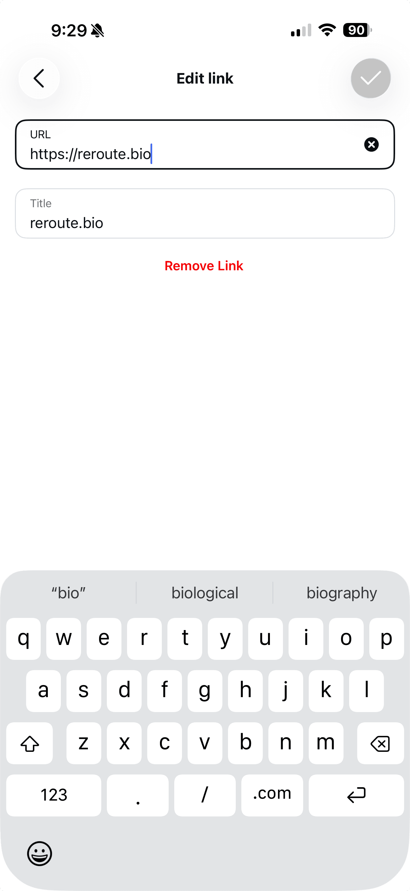 Instagram Edit link screen showing separate URL and Title fields