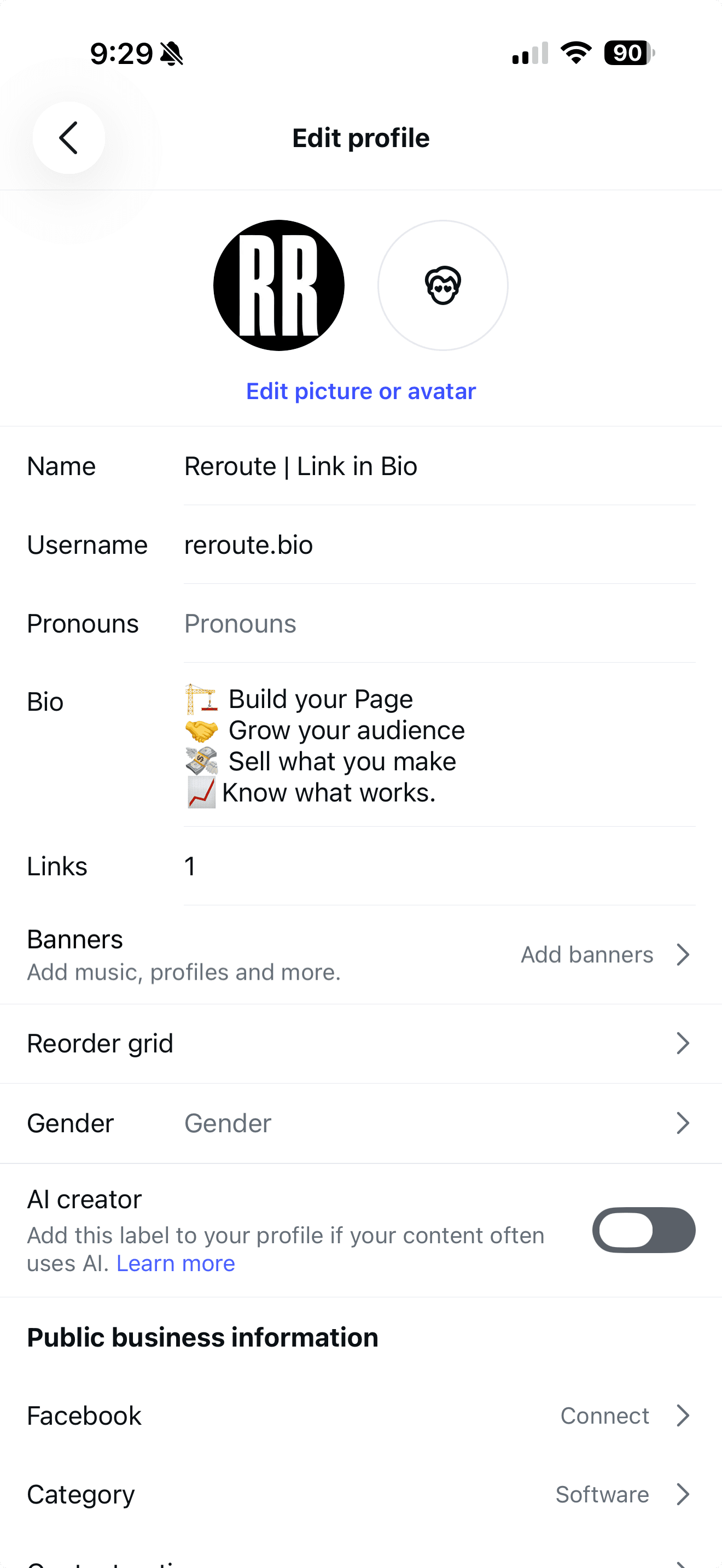 Instagram Edit profile screen showing the Links row