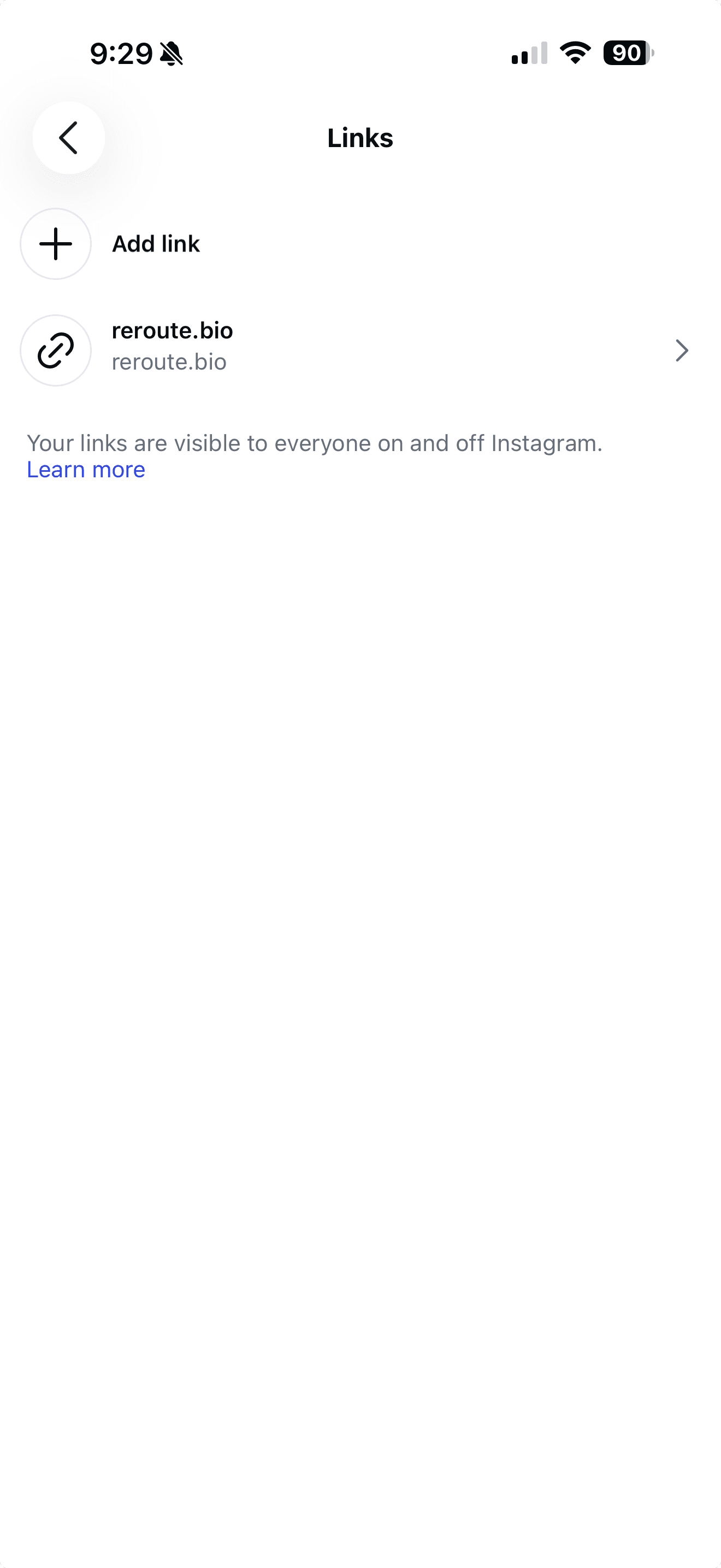 Instagram Links screen showing an existing link and the Add link control