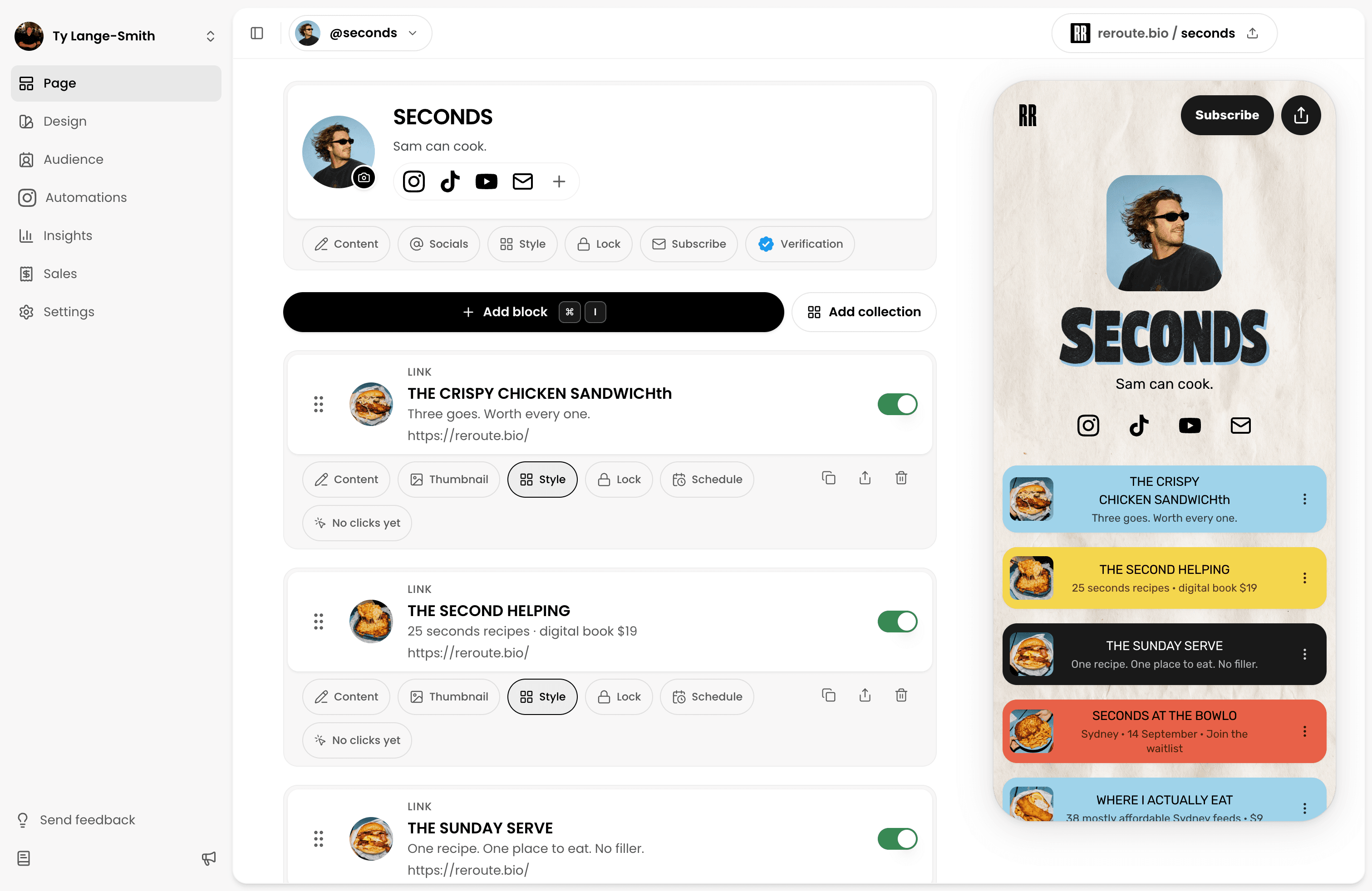 The Reroute page editor with ordered Blocks beside the published mobile preview