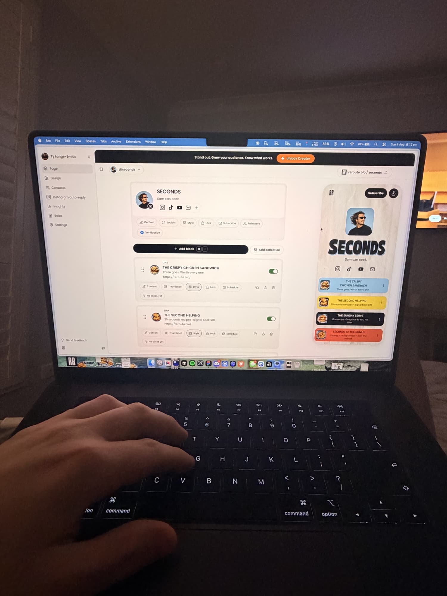 A late-night Reroute build session, with the page editor and live phone preview open