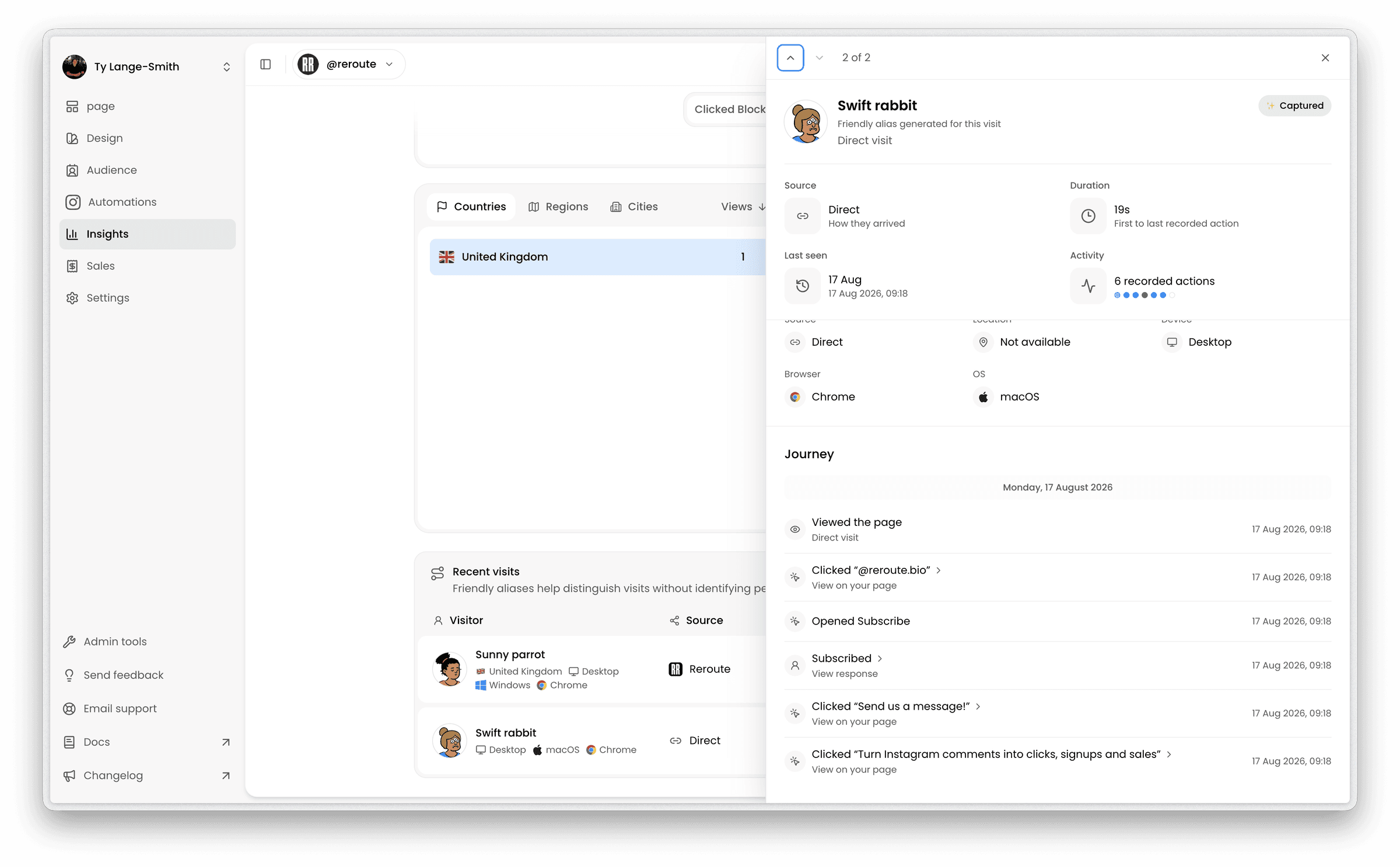 Reroute insights showing how a visitor arrived and the actions they took on the page