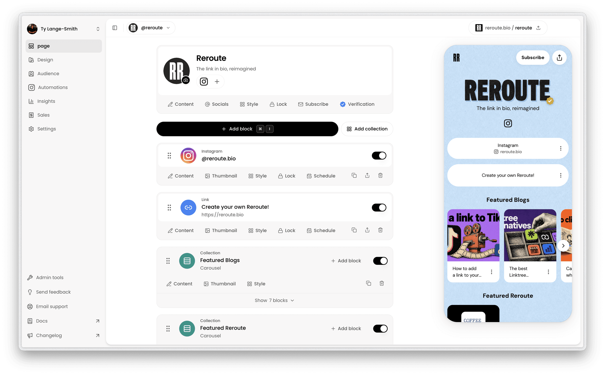 The Reroute page editor, with content blocks and a live preview of the finished page