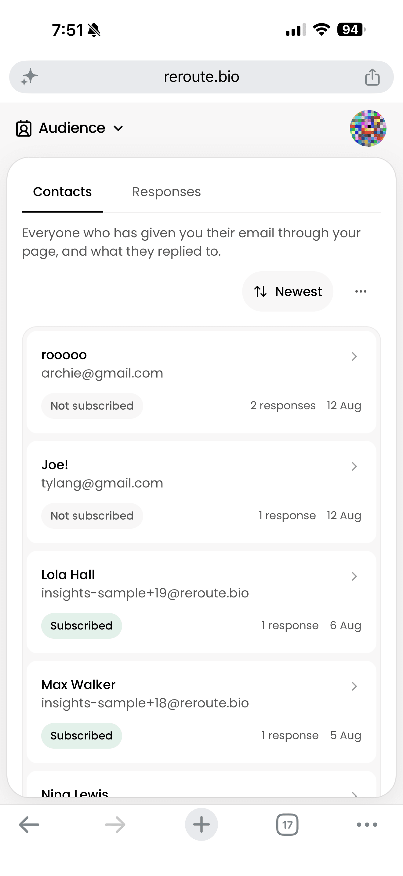 Reroute mobile Audience dashboard showing Contacts, subscription status, and responses