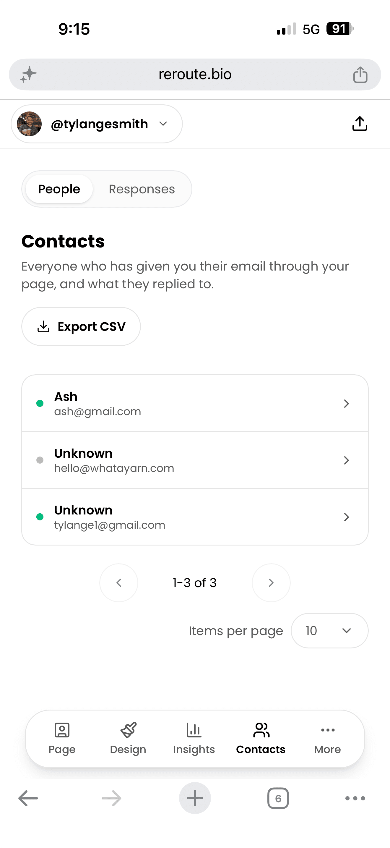 Reroute mobile Contacts dashboard showing people and CSV export