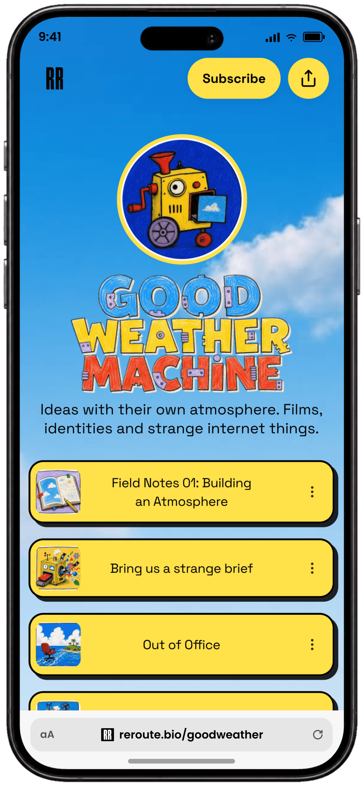 Good Weather Machine creator page shown on a phone