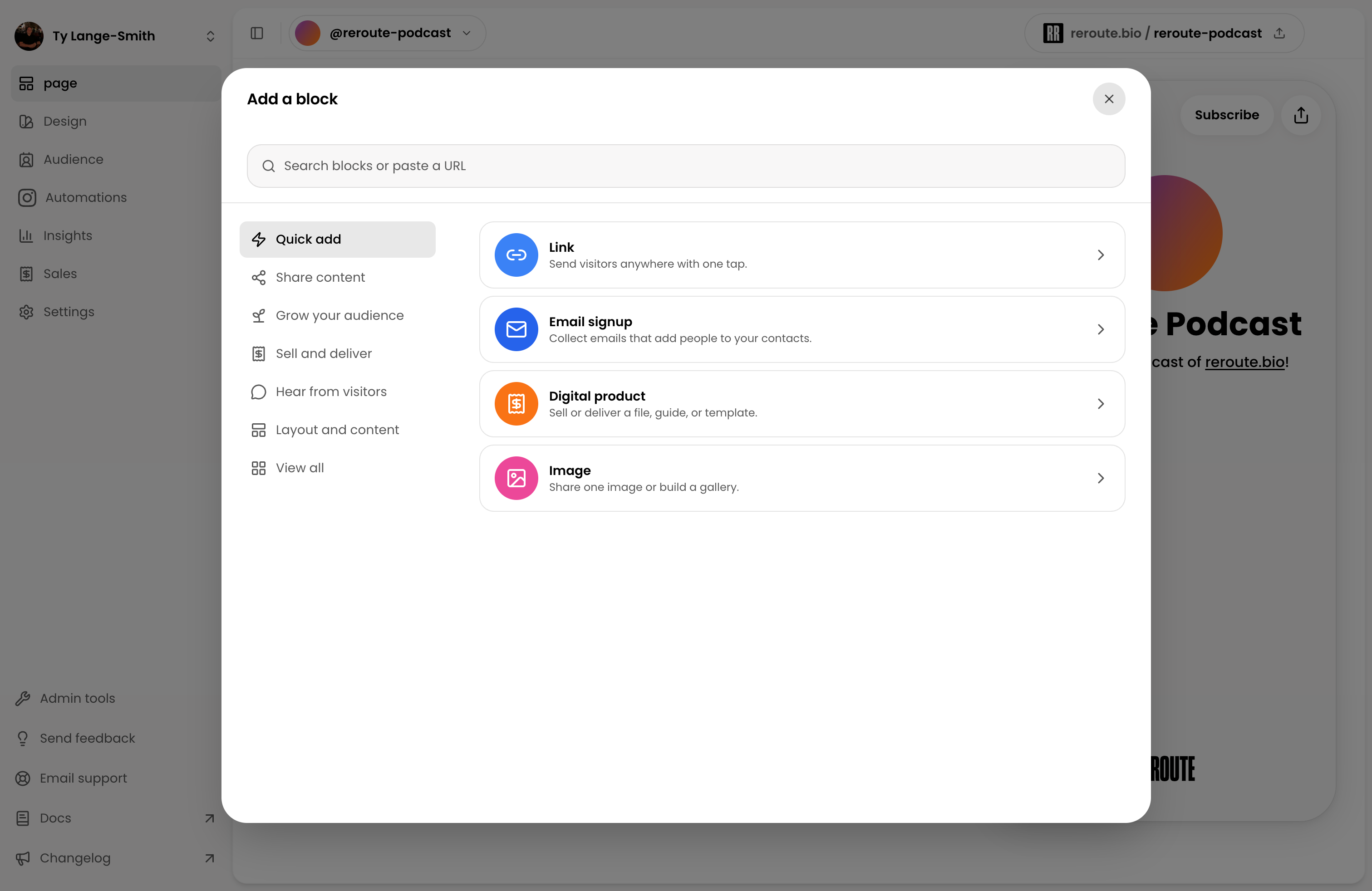 The Reroute Add a block picker showing search, Block categories, and quick choices for Link, Email signup, Digital product, and Image.
