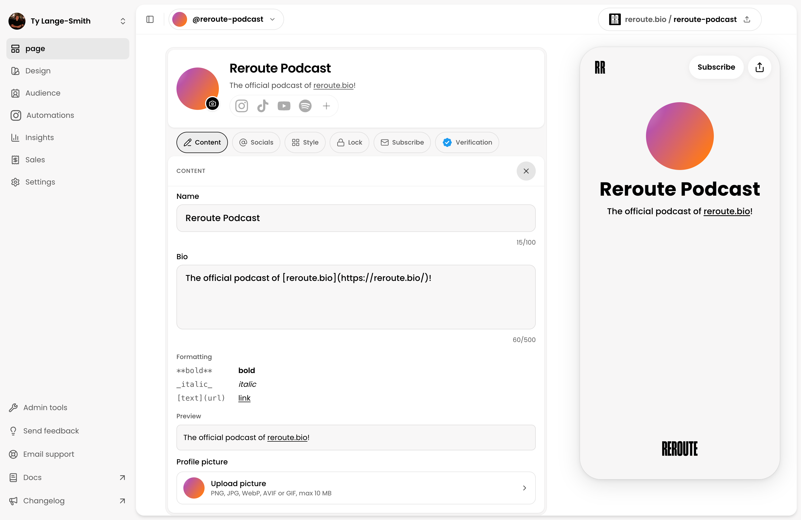 The Reroute Page editor with the profile Content panel open, showing the name, bio, formatting preview, profile picture control, and the updated page preview.