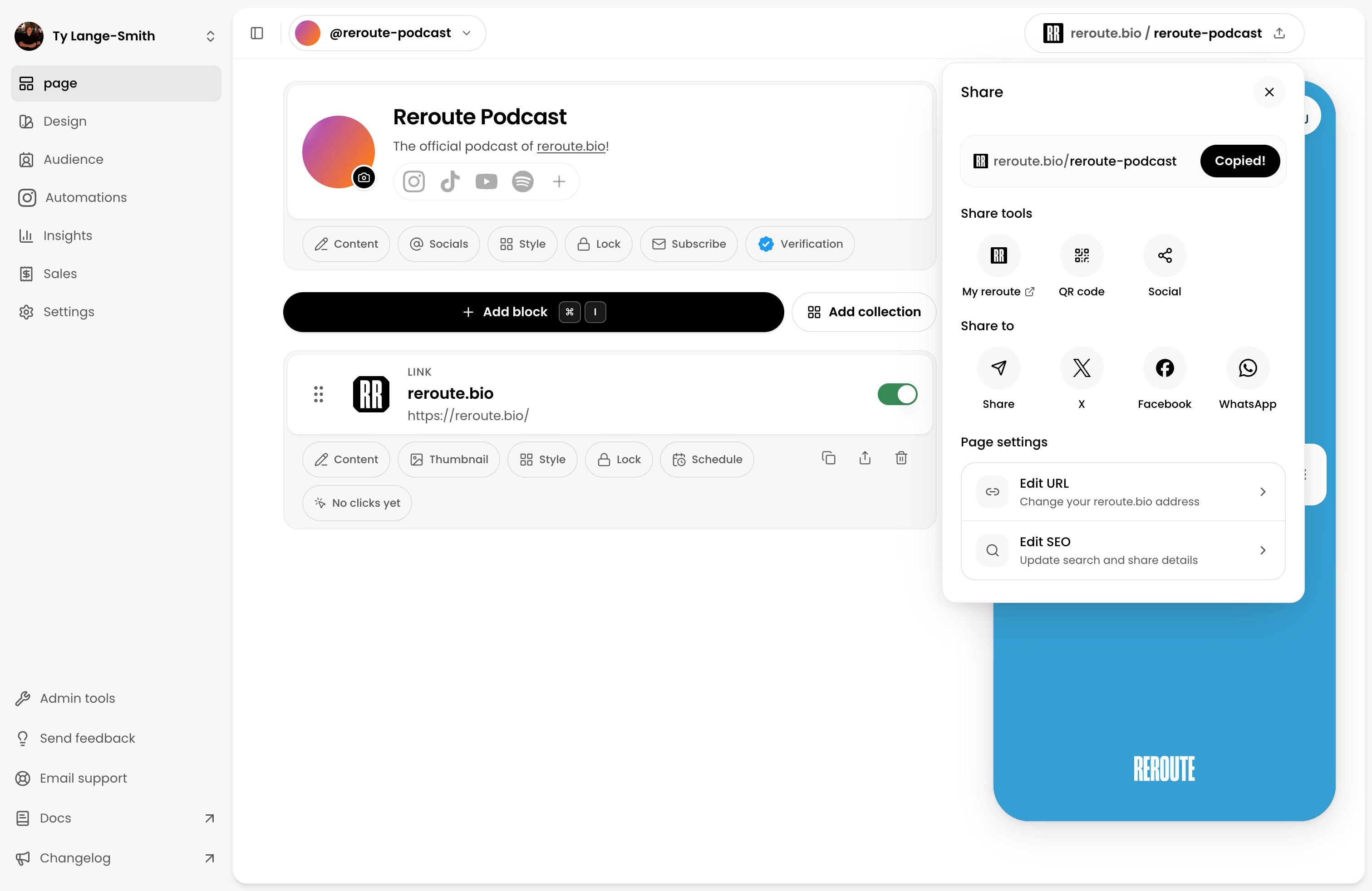 The Reroute page editor with the Share panel open, showing the copied public URL, QR code, social sharing, and page settings actions.
